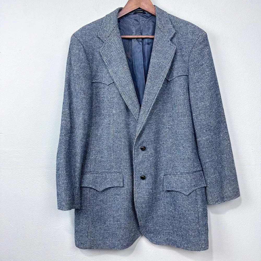 Vintage 70s 80s Lasso Western Blazer Size 44L Blue Tweed Elbow Patches Cheyenne